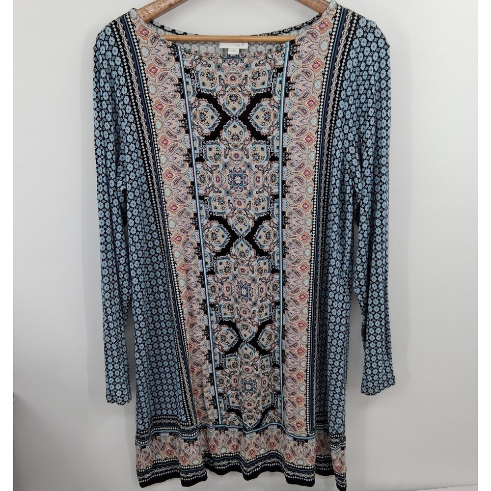 J. Jill Womens BOHO Tunic Top Medium Petite Blue Floral Paisley 3/4 Sleeve